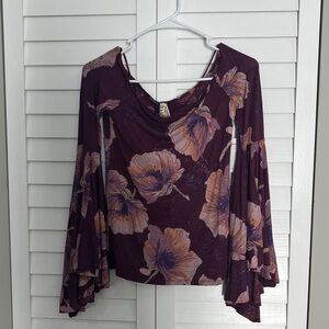 Free People Plum Floral Bell-Sleeve Blouse
